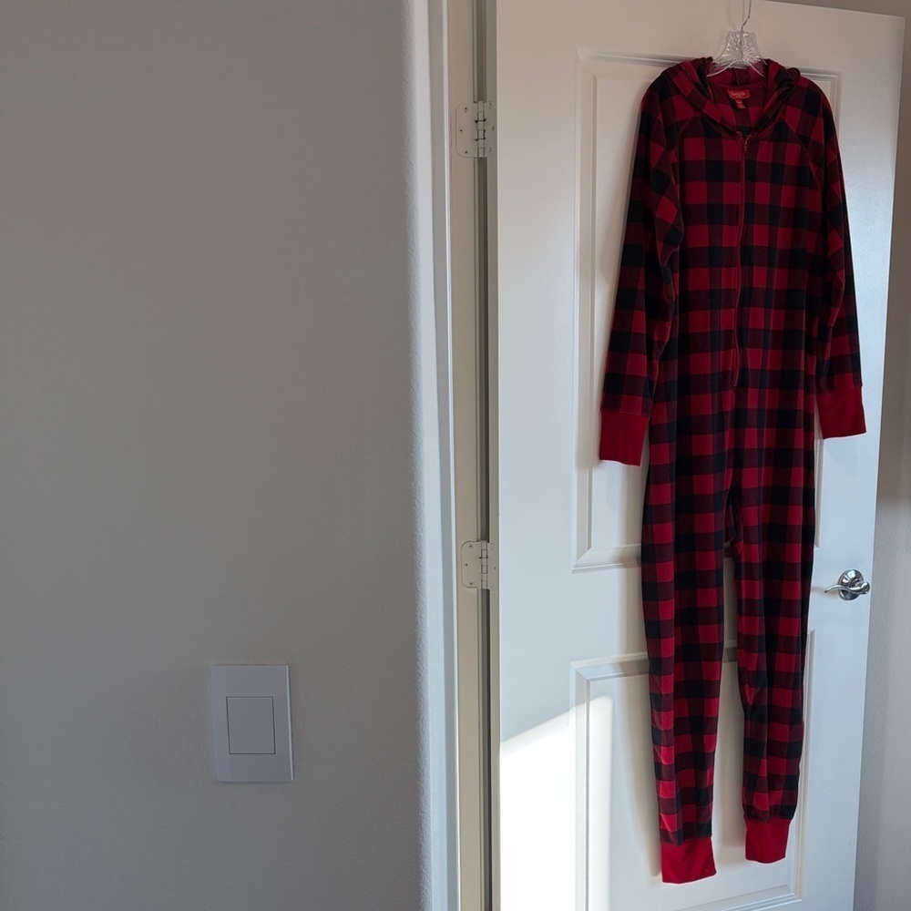 Macy's Family PJs red/black plaid fleece zip up onesie pajamas with hood